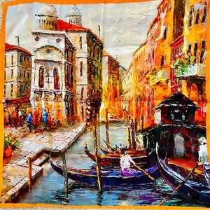 Silk scarf from Italy. Magnificent artwork from Venice. 21”x21”.